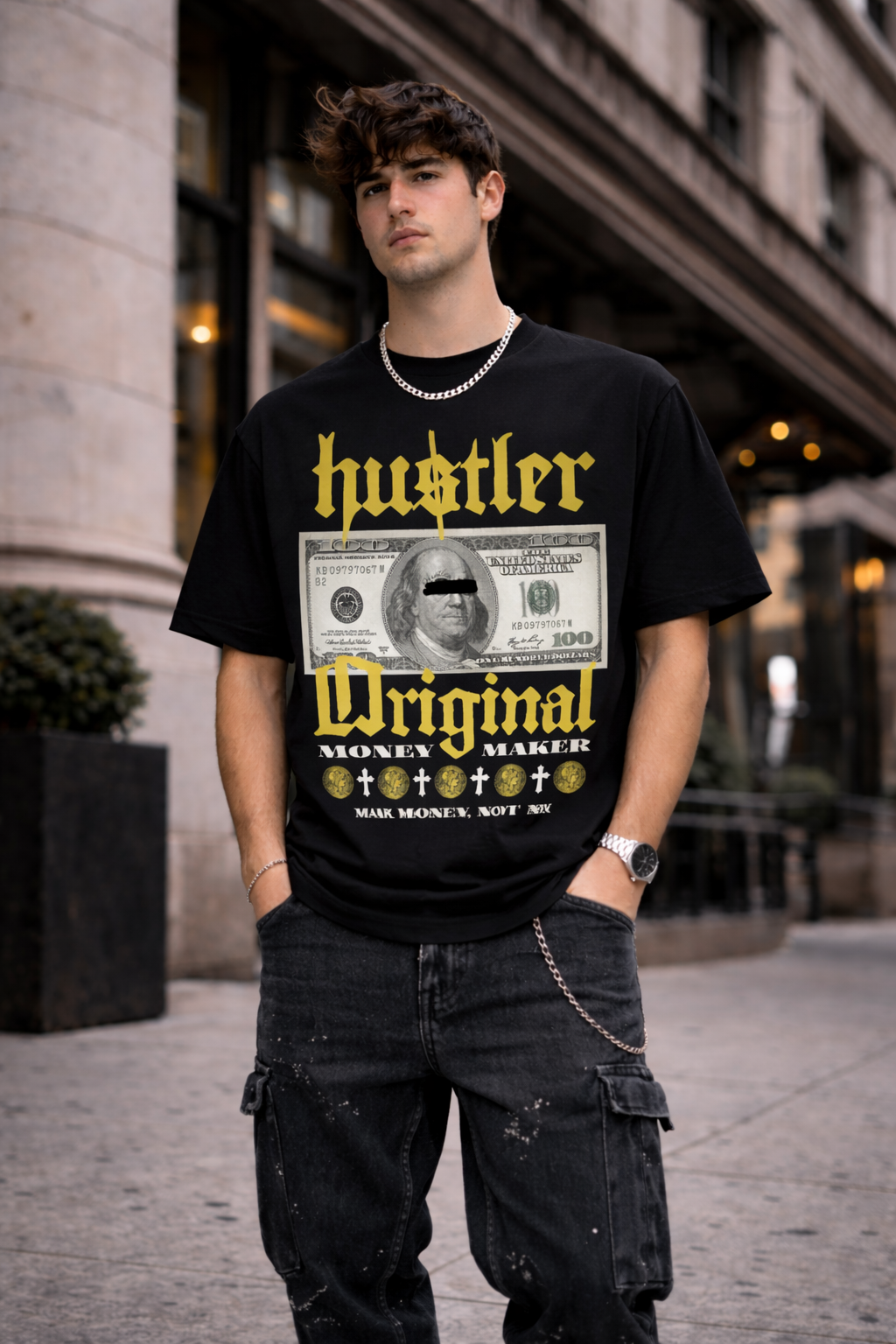 Черна oversize тениска Hustler Original  принт с долар