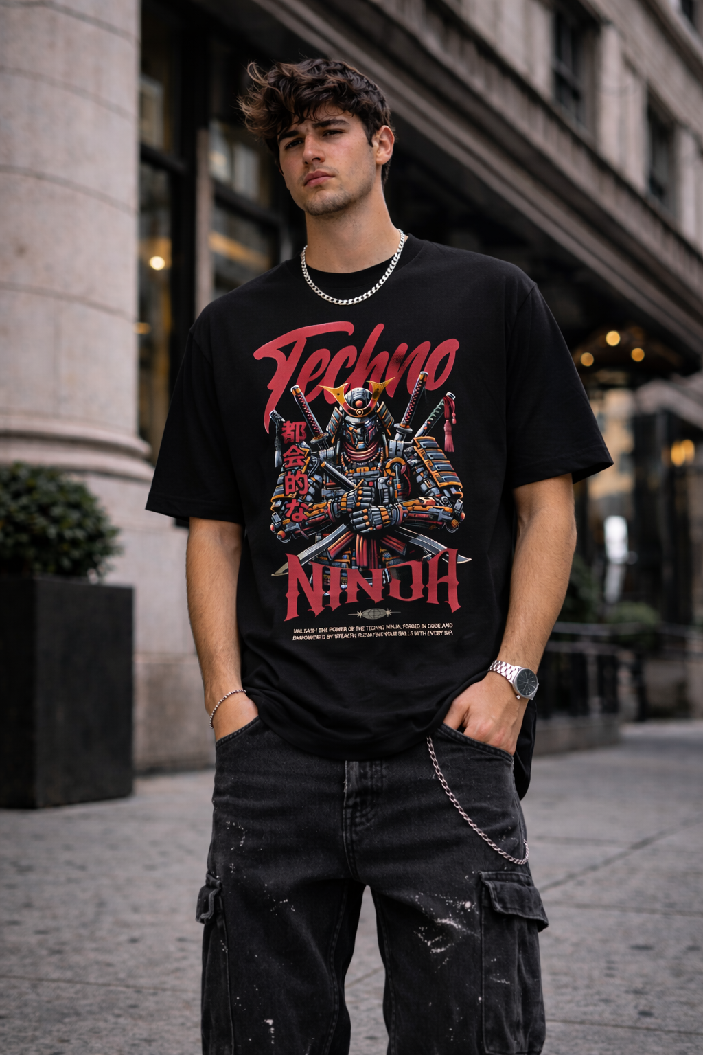 Мъжка овърсайз тениска Techno Ninja с streetwear принт | Brave88