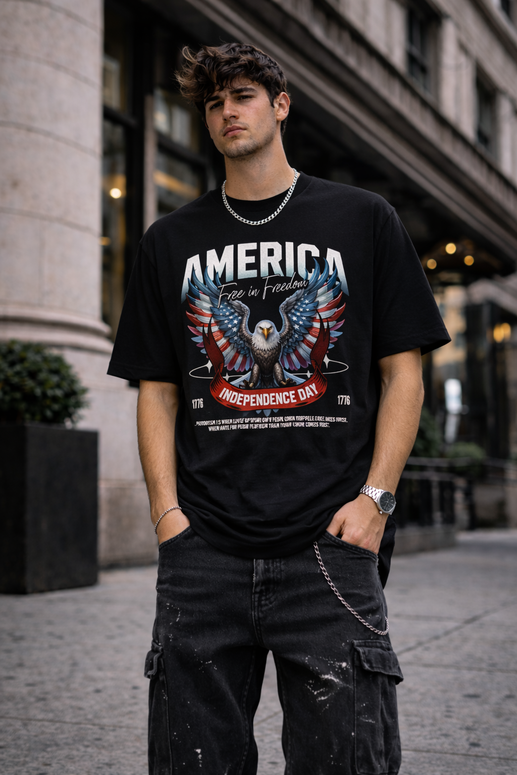 Черна oversize тениска Eagle Freedom с streetwear принт | Brave88