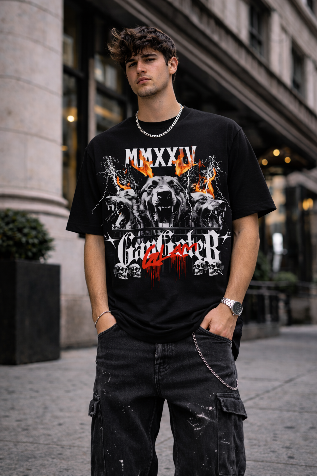 Черна oversize тениска Dog Gang с streetwear принт | Brave88