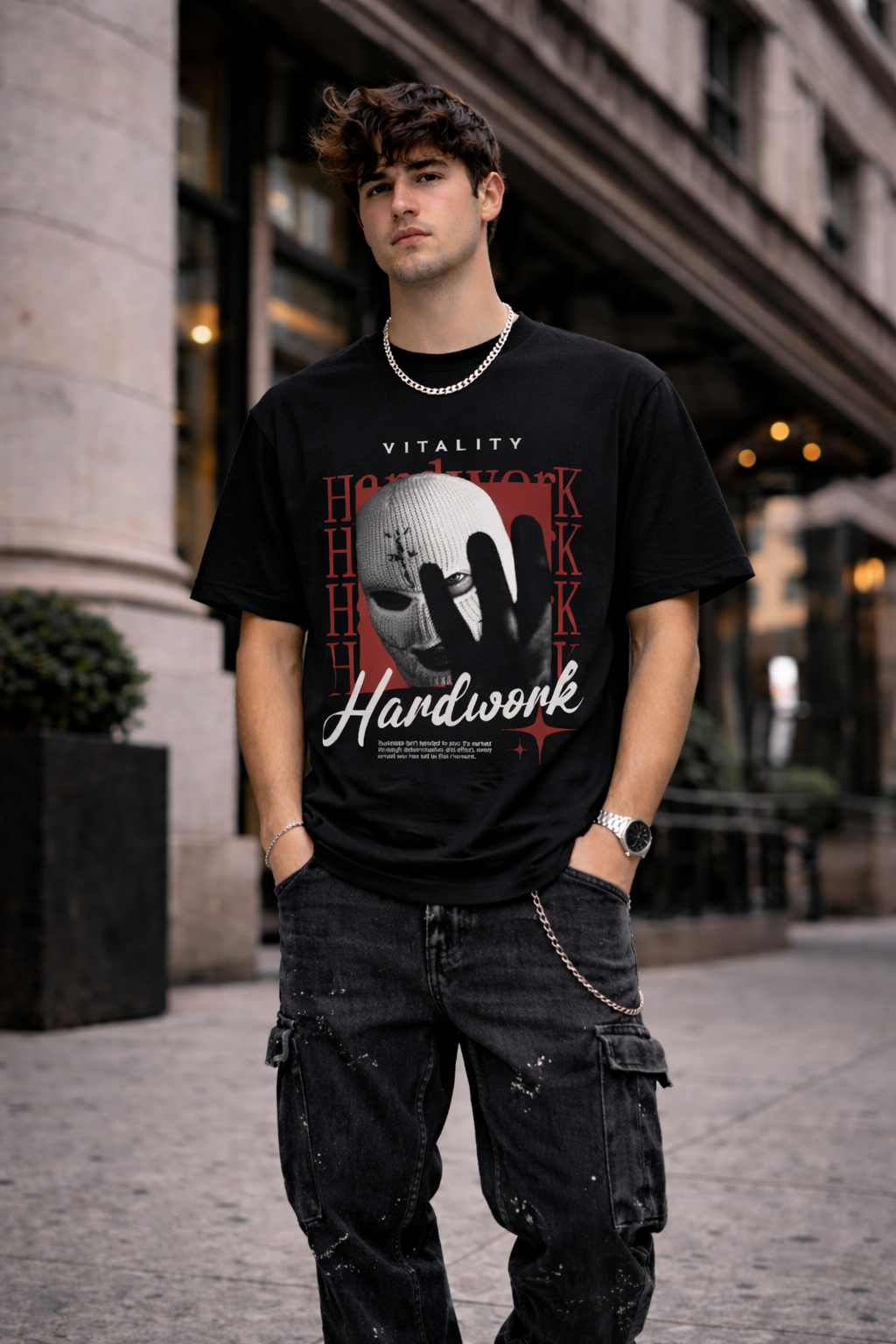 Черна oversize тениска Hardwork с принт маска