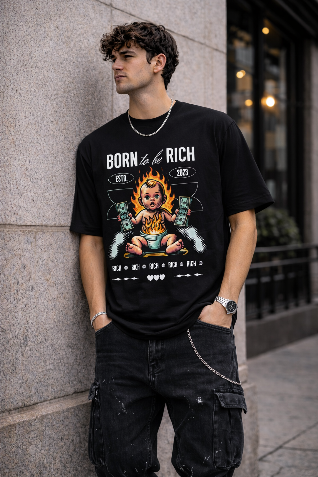 Мъжка овърсайз тениска  Born To Be Rich  – streetwear  | Brave88