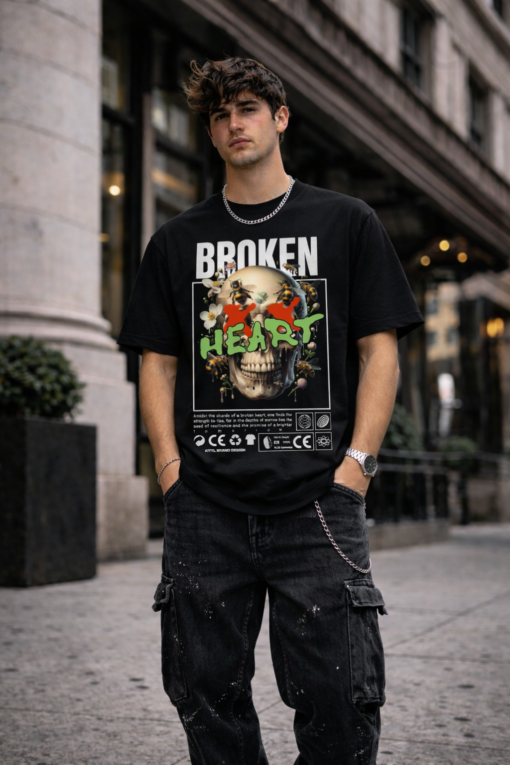 Черна oversize тениска Broken Heart с череп и принт