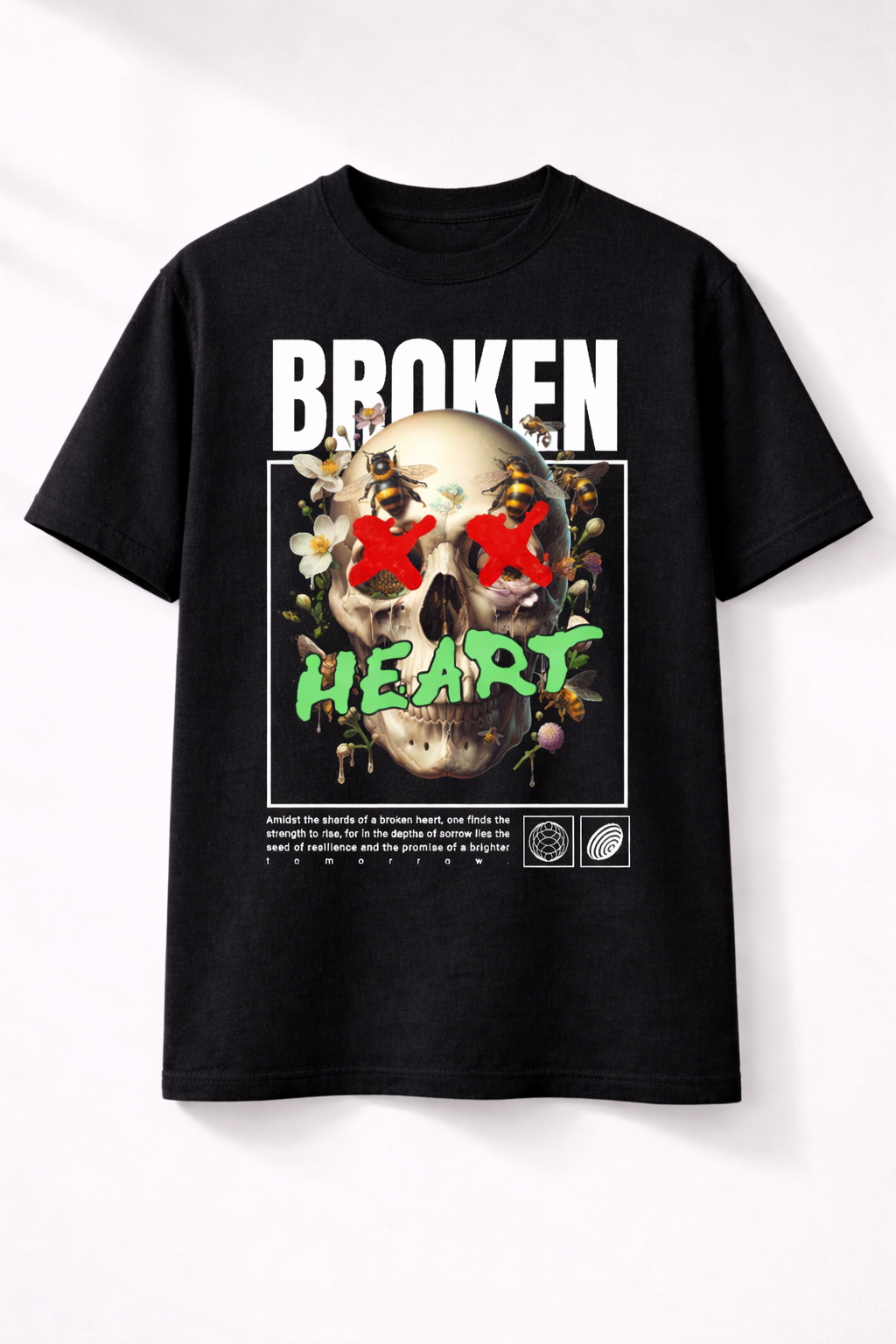 Черна oversize тениска Broken Heart с череп и принт