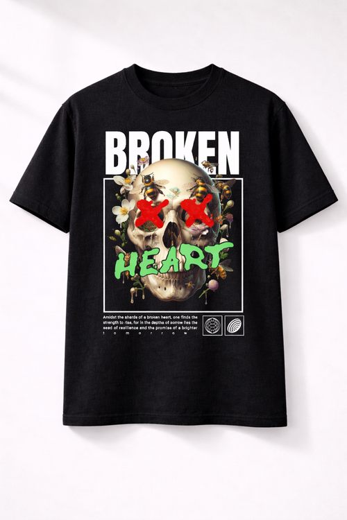 Черна oversize тениска Broken Heart с череп и принт