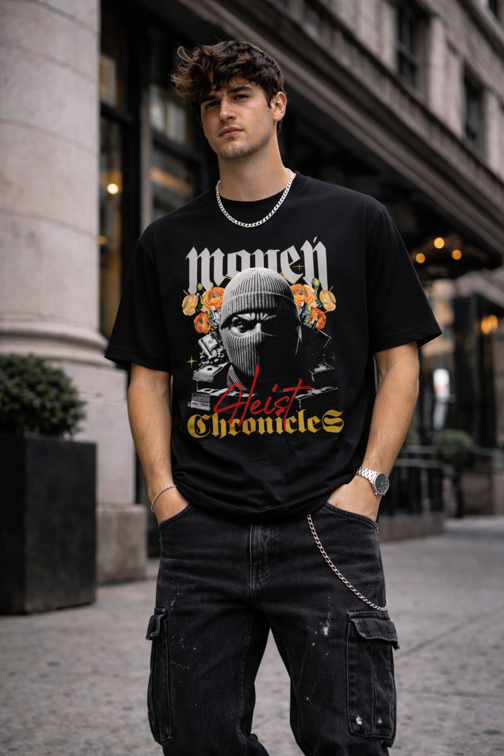 Мъжка овърсайз тениска Heist Chronicle със streetwear принт | Brave88
