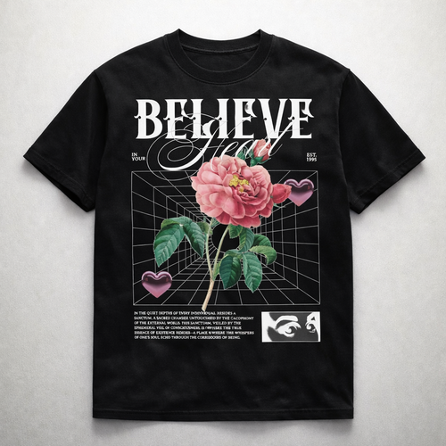 Черна oversize тениска Believe с цветен принт | Brave88