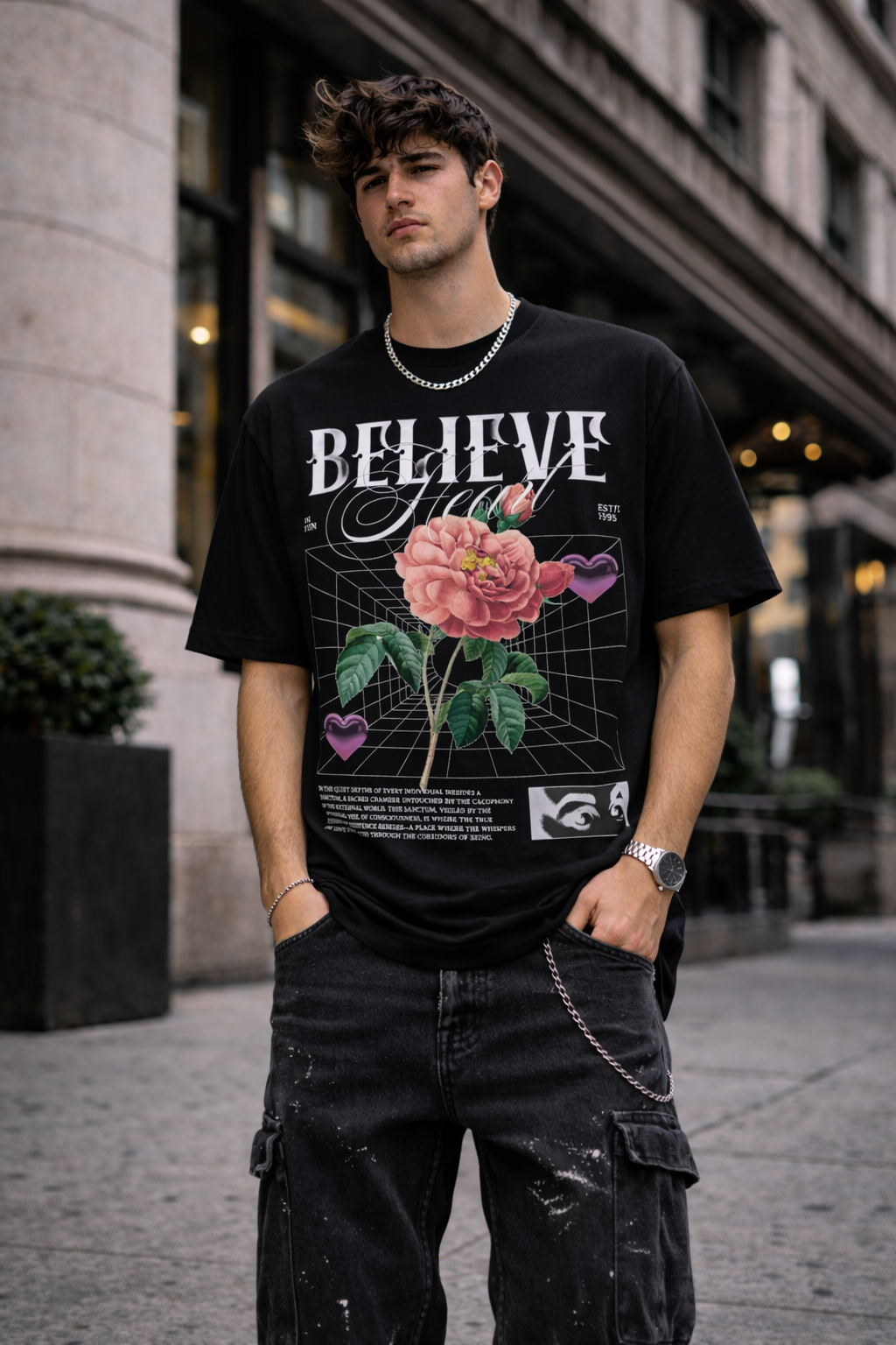 Черна oversize тениска Believe с цветен принт | Brave88