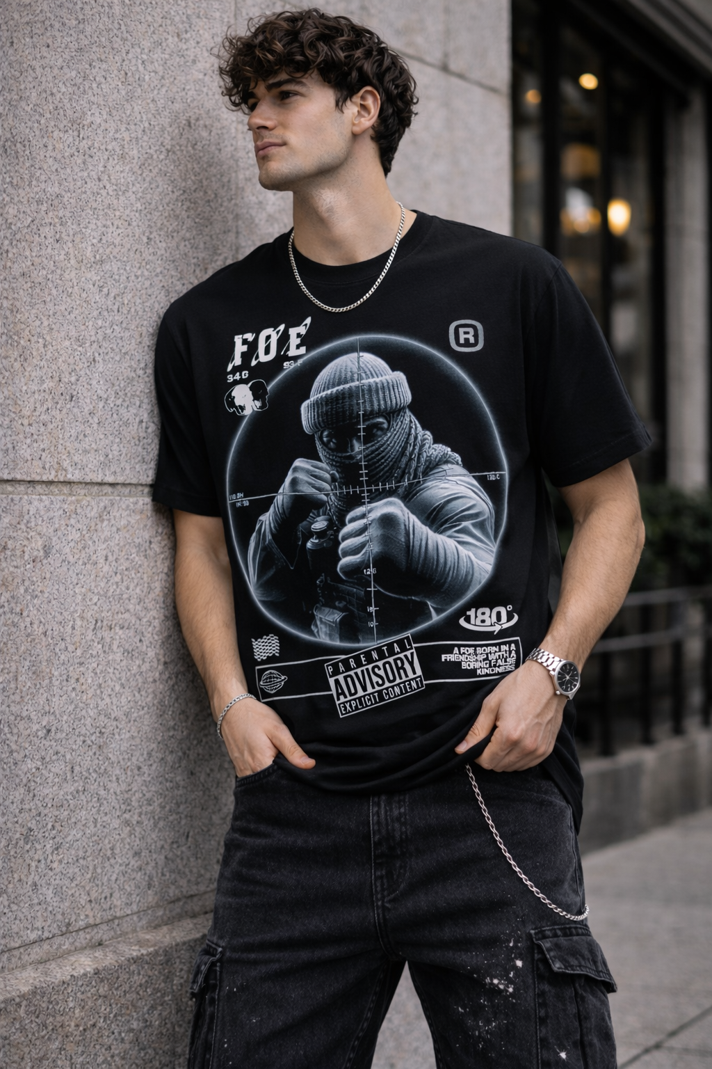 Черна oversize тениска Foe с streetwear принт | Brave88